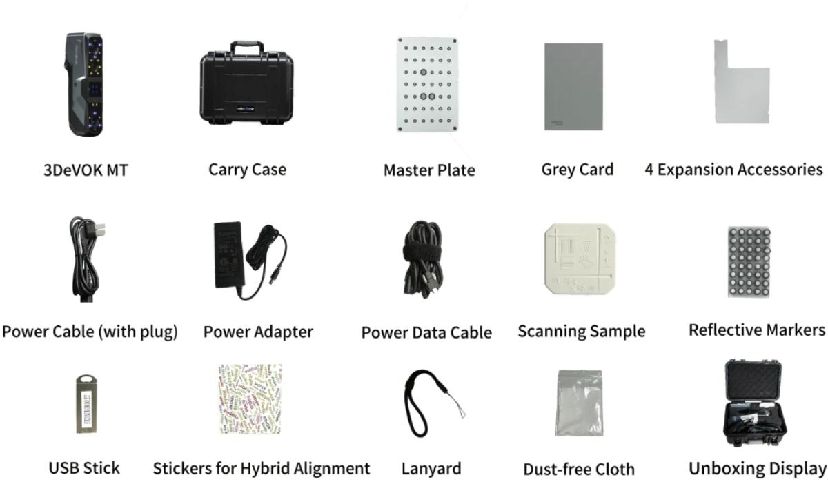 Foto del contenido del paquete del escáner 3D 3DeVOK MT