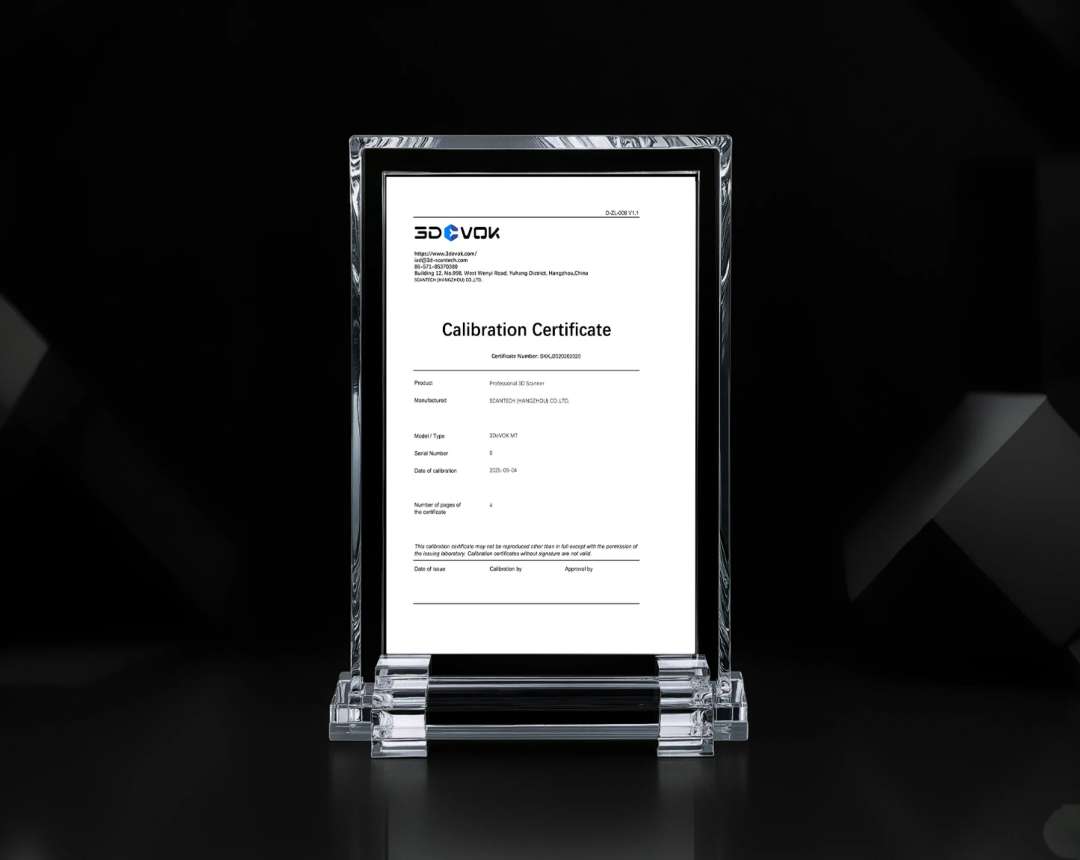Certificado de calibración del escáner 3D profesional 3DeVOK MT sobre un soporte de cristal