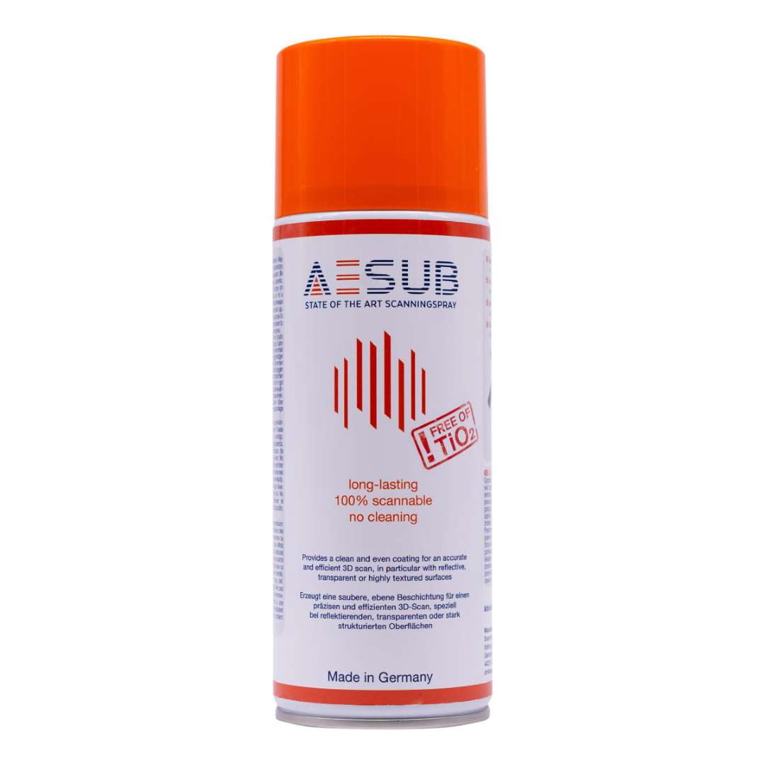 Bote aerosol AESUB Orange 400 ml spray de escaneado 3D con tapa naranja, sello FREE OF TiO₂, etiquetas long-lasting y no cleaning, Made in Germany