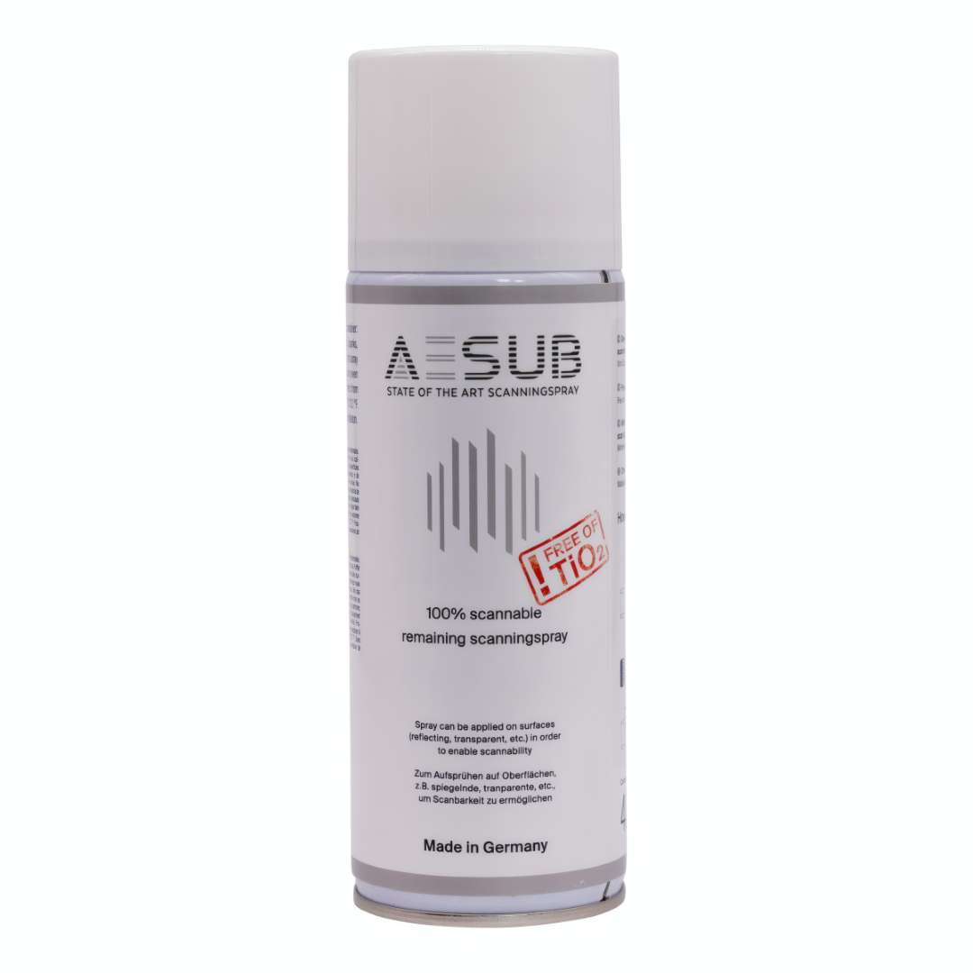 Bote aerosol AESUB White de 400 ml con sello de certificación Free of TiO2 y etiqueta '100% scannable permanent scanningspray', fabricado en Alemania