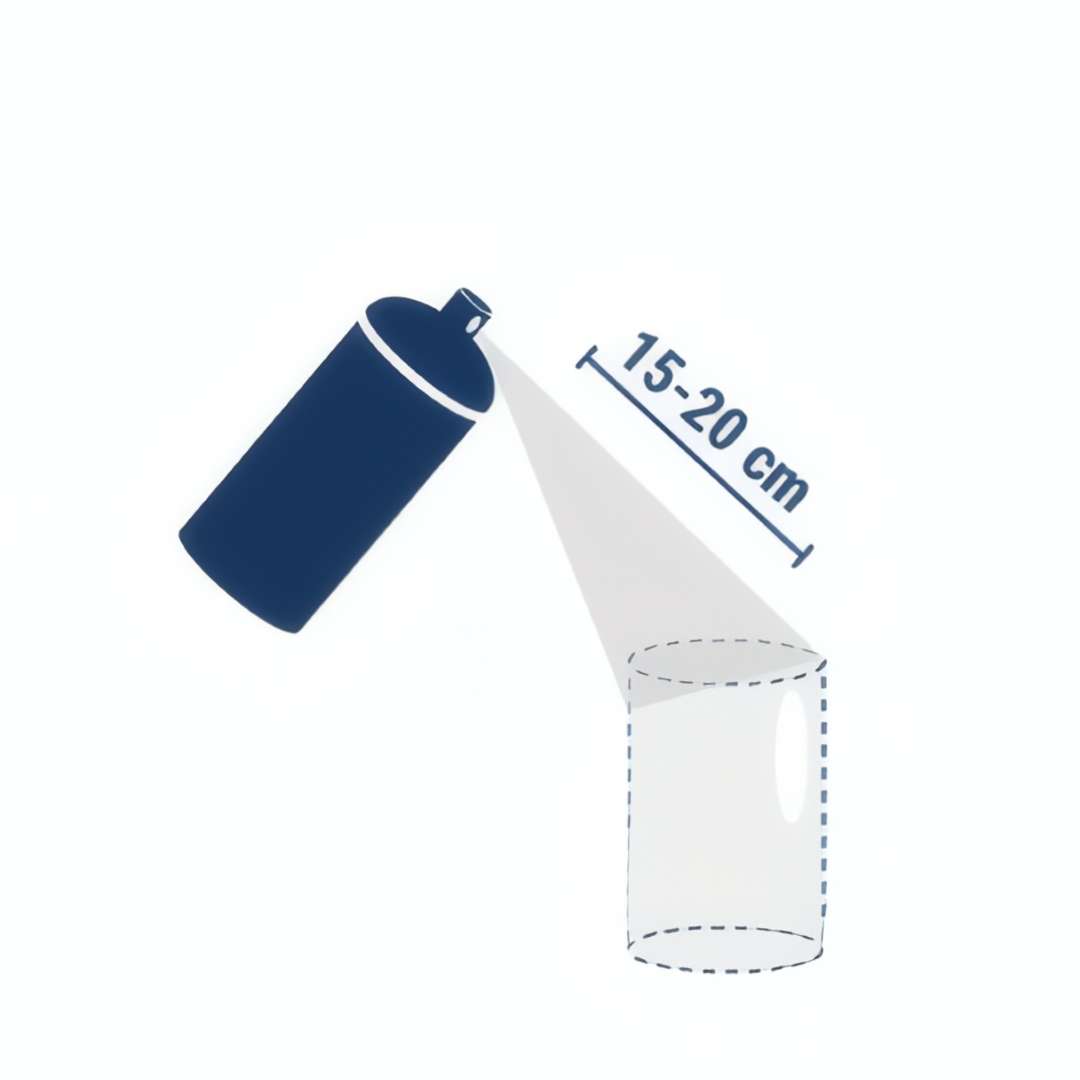 Ilustración que muestra la distancia correcta de 15–20 cm entre el bote y la superficie del objeto para la aplicación de AESUB White