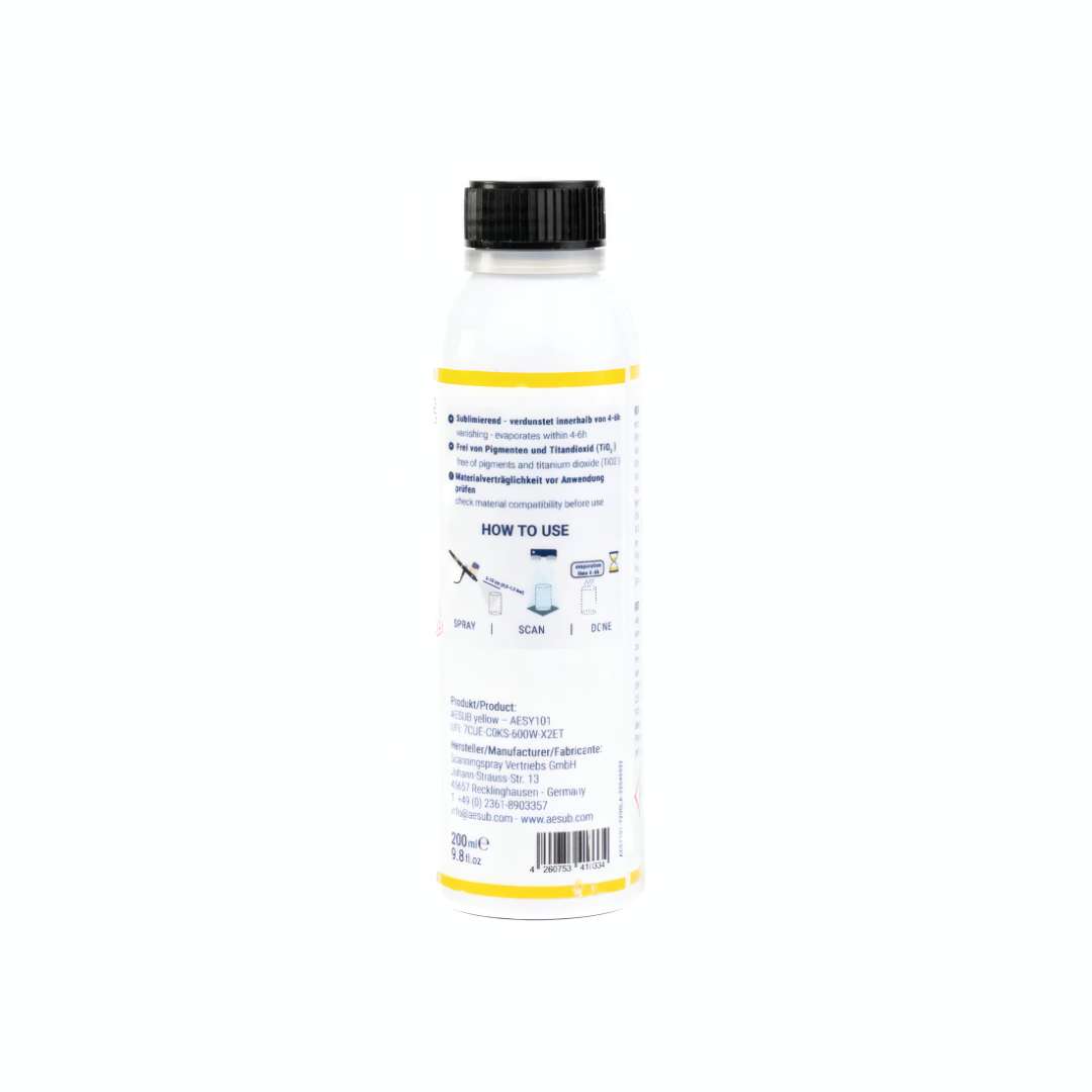 Etiqueta posterior de AESUB Yellow 200 ml con el flujo de trabajo Spray, Scan, Done, SKU AESY101 y datos del fabricante Made in Germany