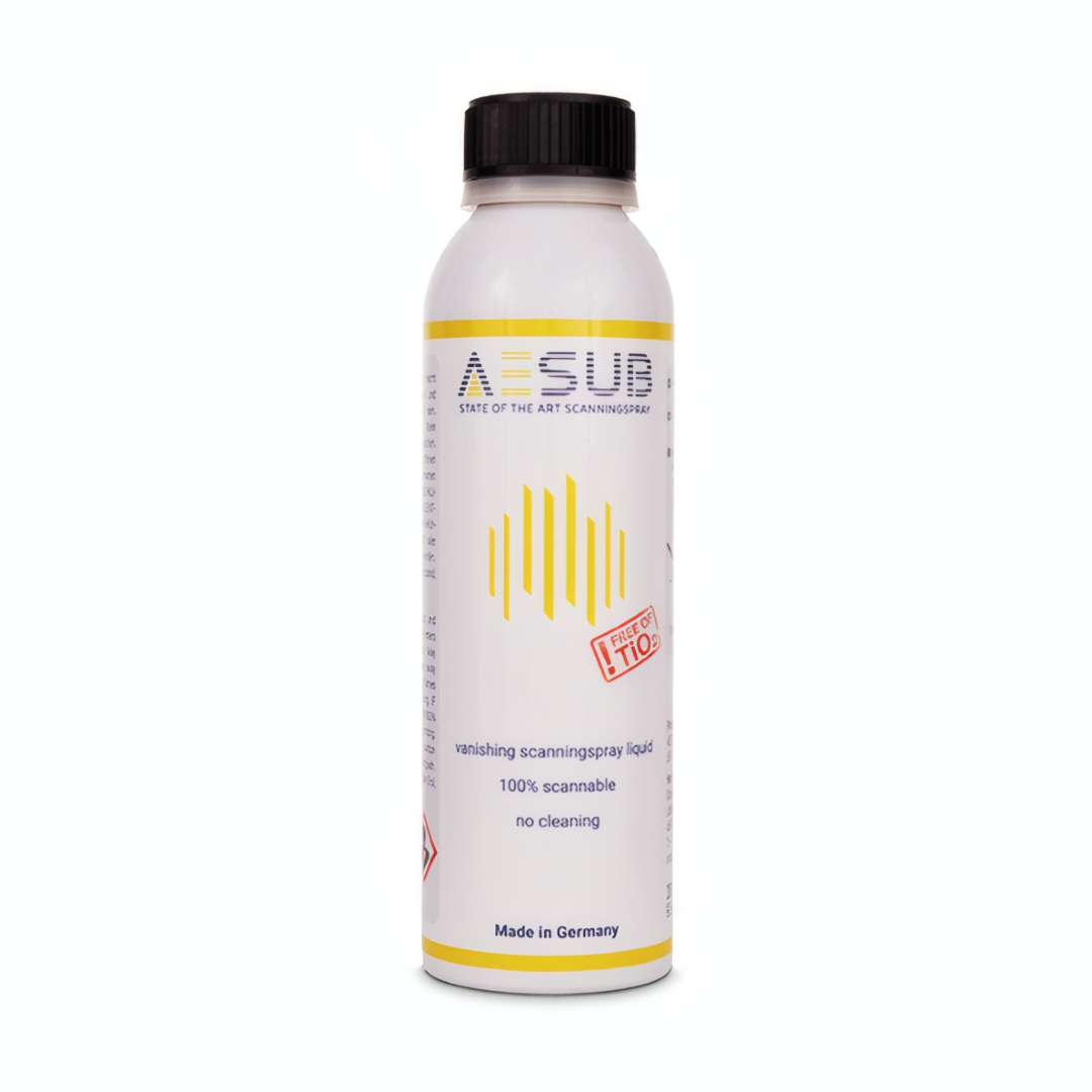 Frasco de 200 ml de AESUB Yellow de frente — sello FREE OF TiO₂, marca AESUB y descripción de spray de escaneo sublimante