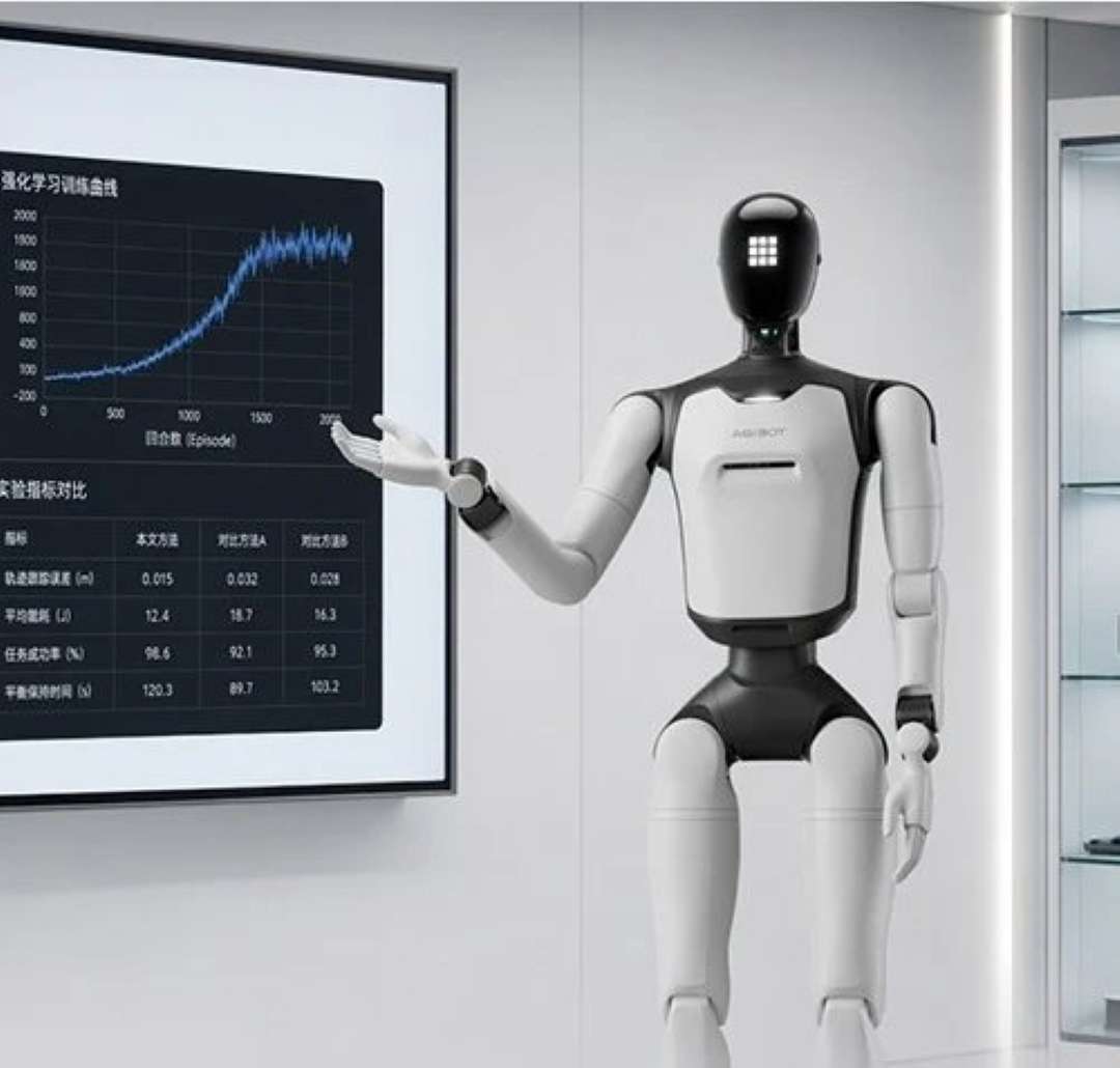 AgiBot A3 Ultra near a screen with reinforcement learning graphs