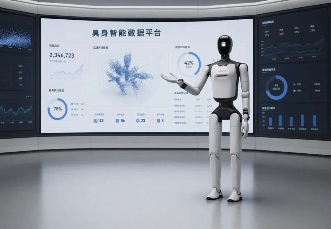 The AgiBot A3 Ultra robot points to a panel with operational data