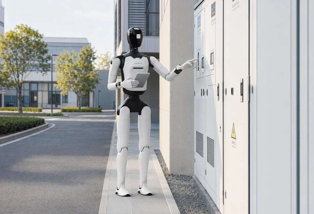 The AgiBot A3 Ultra robot near an outdoor utility box with a tablet