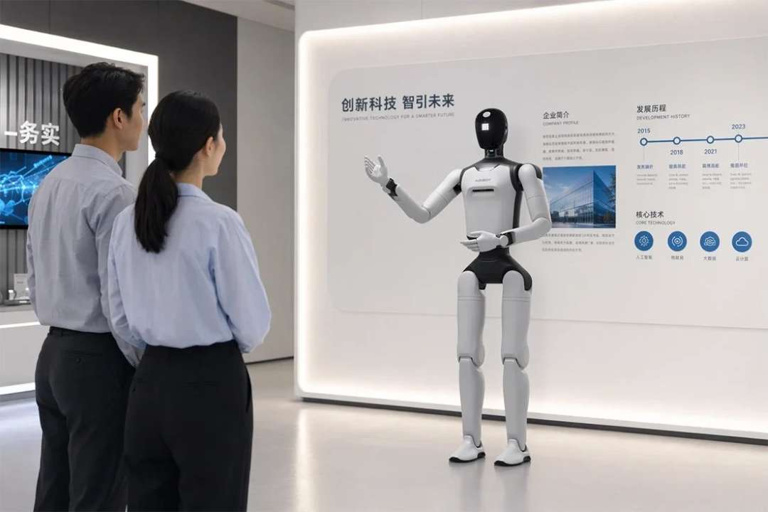 The AgiBot A3 Ultra robot interacts with two people near a stand