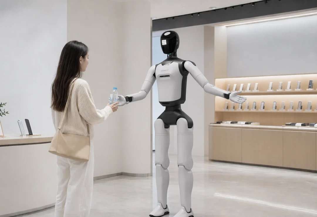 The AgiBot A3 Ultra robot takes a bottle of water from a woman in a shop