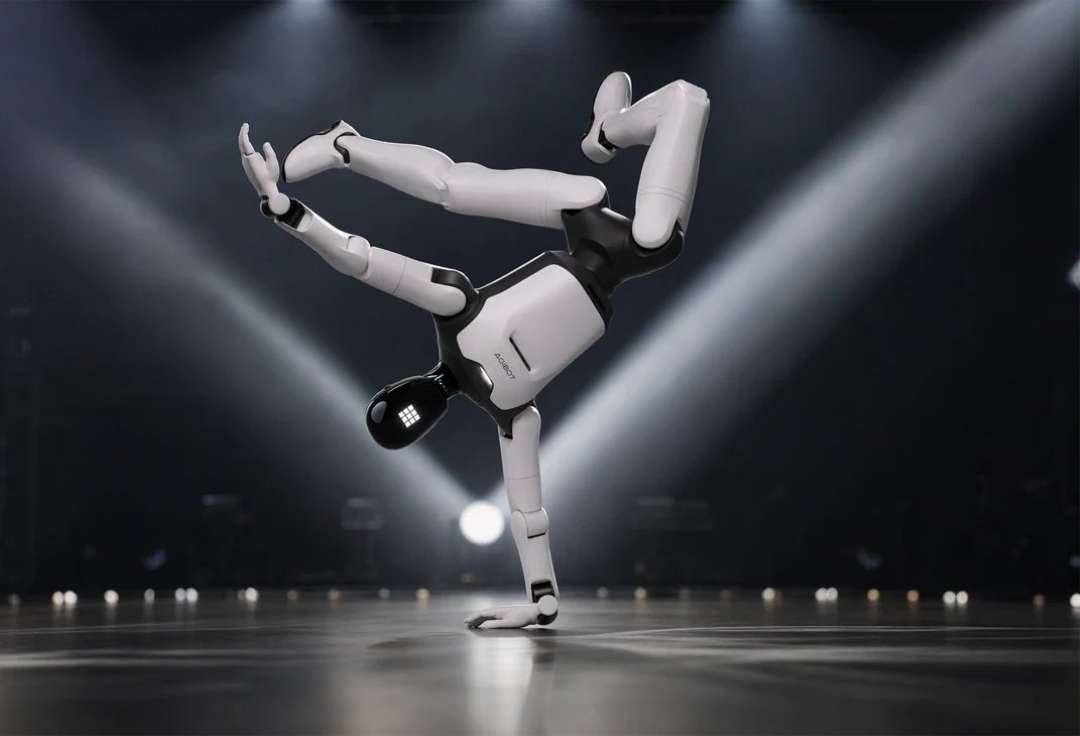 The AgiBot A3 Ultra robot performs a one-handed handstand on a stage