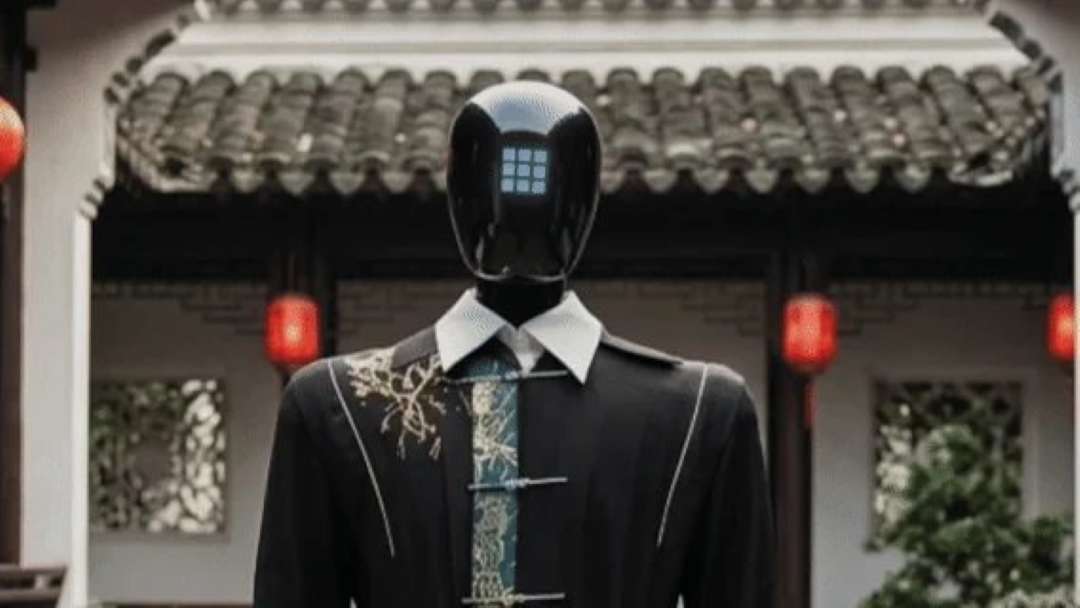 Robot humanoide AgiBot A3 vestido con un traje tradicional negro con bordados decorativos y cuello blanco