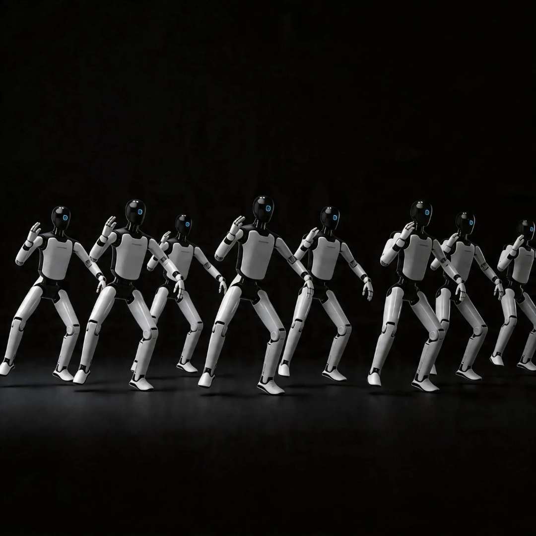 Siete robots humanoides AgiBot A3 en una pose sincronizada sobre un fondo oscuro