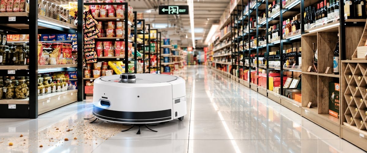 Robot de limpieza comercial en la sala de ventas de un supermercado