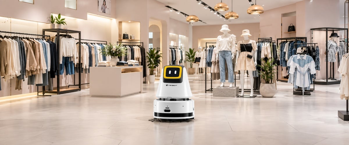 Robot aspirador AgiBot C2P moviéndose entre estanterías y maniquíes en una boutique de ropa