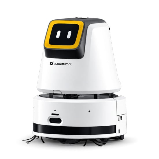 Robot aspirador AgiBot C2P con bloque superior redondeado, panel de pantalla oscuro y carcasa cilíndrica blanca