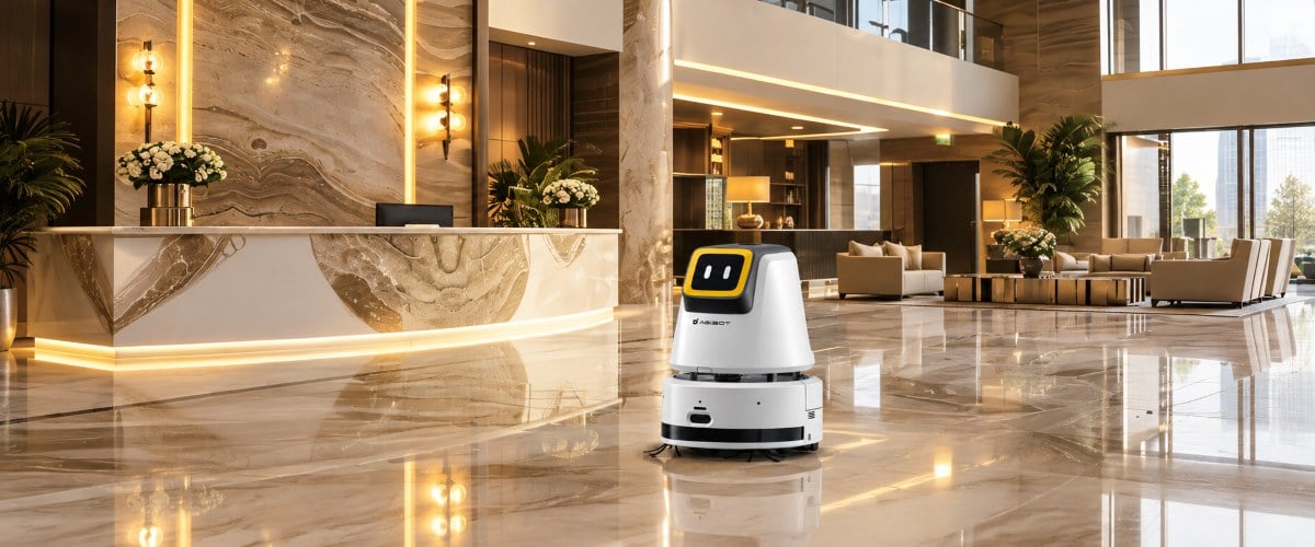 Robot de limpieza AgiBot C2P con pantalla táctil sobre suelo de mármol en el vestíbulo de un hotel