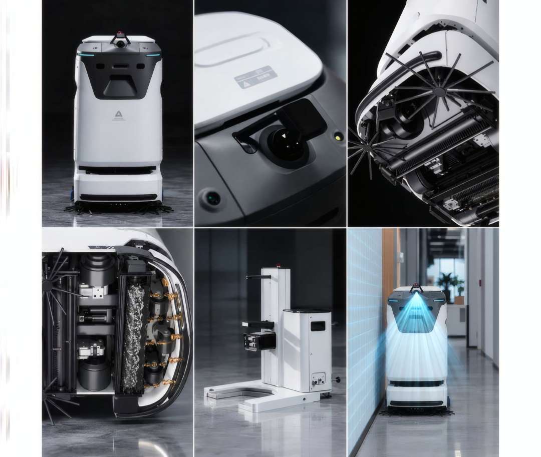 Collage de seis imágenes del robot AgiBot C4: rodillos-cepillo, cámara sensora, unidad de ruedas y LiDAR en funcionamiento