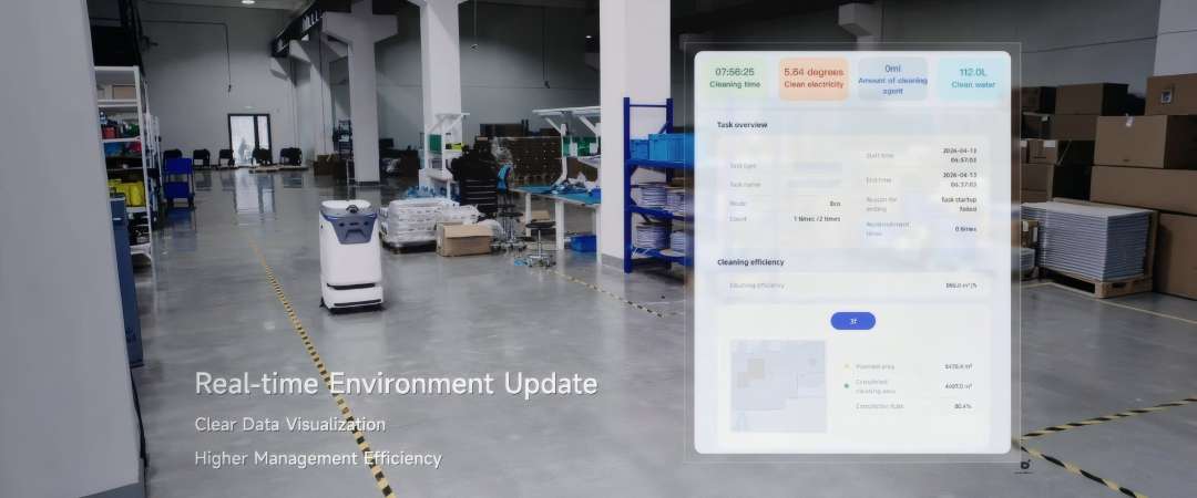 Robot fregasuelos AgiBot C4 circulando por un pasillo de almacén junto a un panel de datos que muestra el resumen de tareas y los indicadores de eficiencia de limpieza