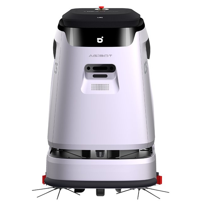 Robot de limpieza autónomo AgiBot C5, vista frontal con cámaras, botón de parada y cepillos