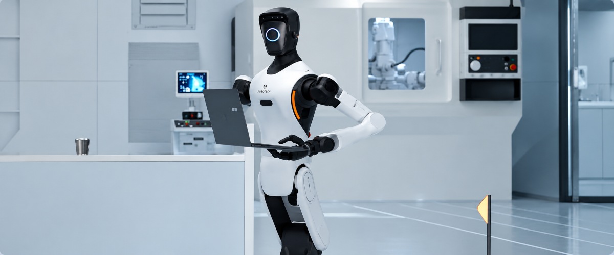 AgiBot G2 interacting with devices in a work environment