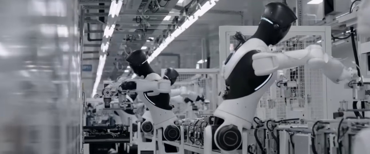 Automated assembly line with AgiBot G2 robots