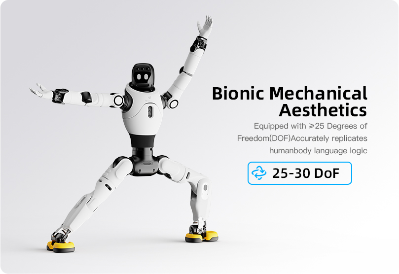 El robot humanoide blanco AgiBot X2 se mantiene en una postura amplia con los brazos levantados sobre un fondo claro.