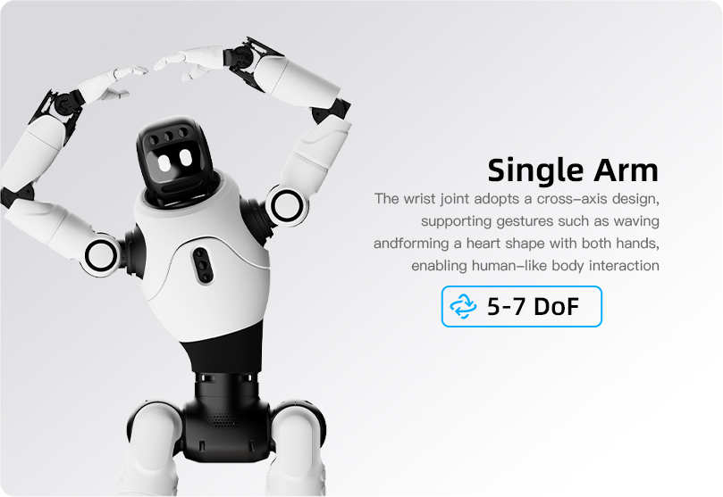 Parte superior del cuerpo del robot AgiBot X2 con los brazos levantados sobre la cabeza para mostrar el rango de movimientos