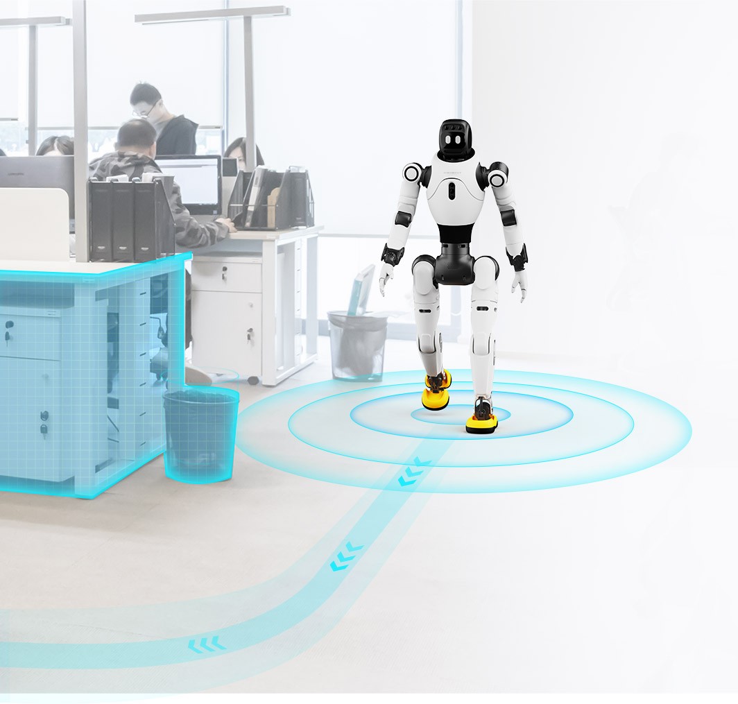 El robot AgiBot X2 camina por una ruta iluminada en una oficina con visualización de la detección de obstáculos.