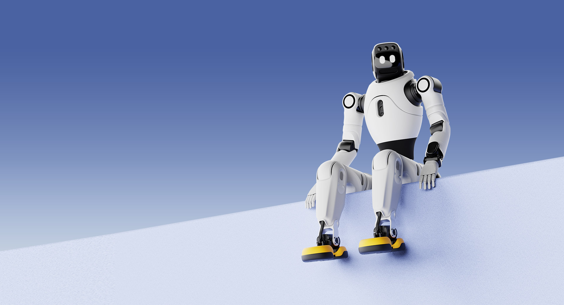 Robot humanoide AgiBot X2 sentado con las piernas colgando sobre una plataforma blanca con fondo azul.