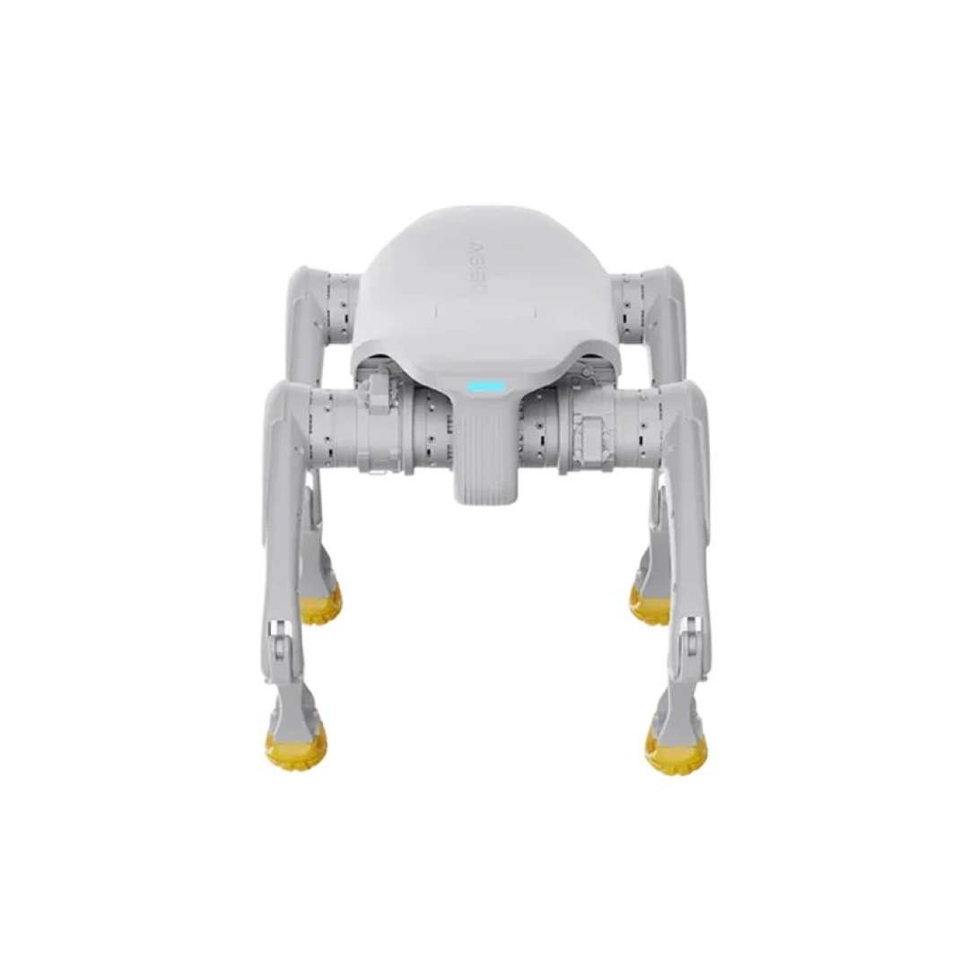 Robot cuadrúpedo AgiBot, vista frontal, de pie sobre cuatro patas articuladas con pies amarillos y luz turquesa