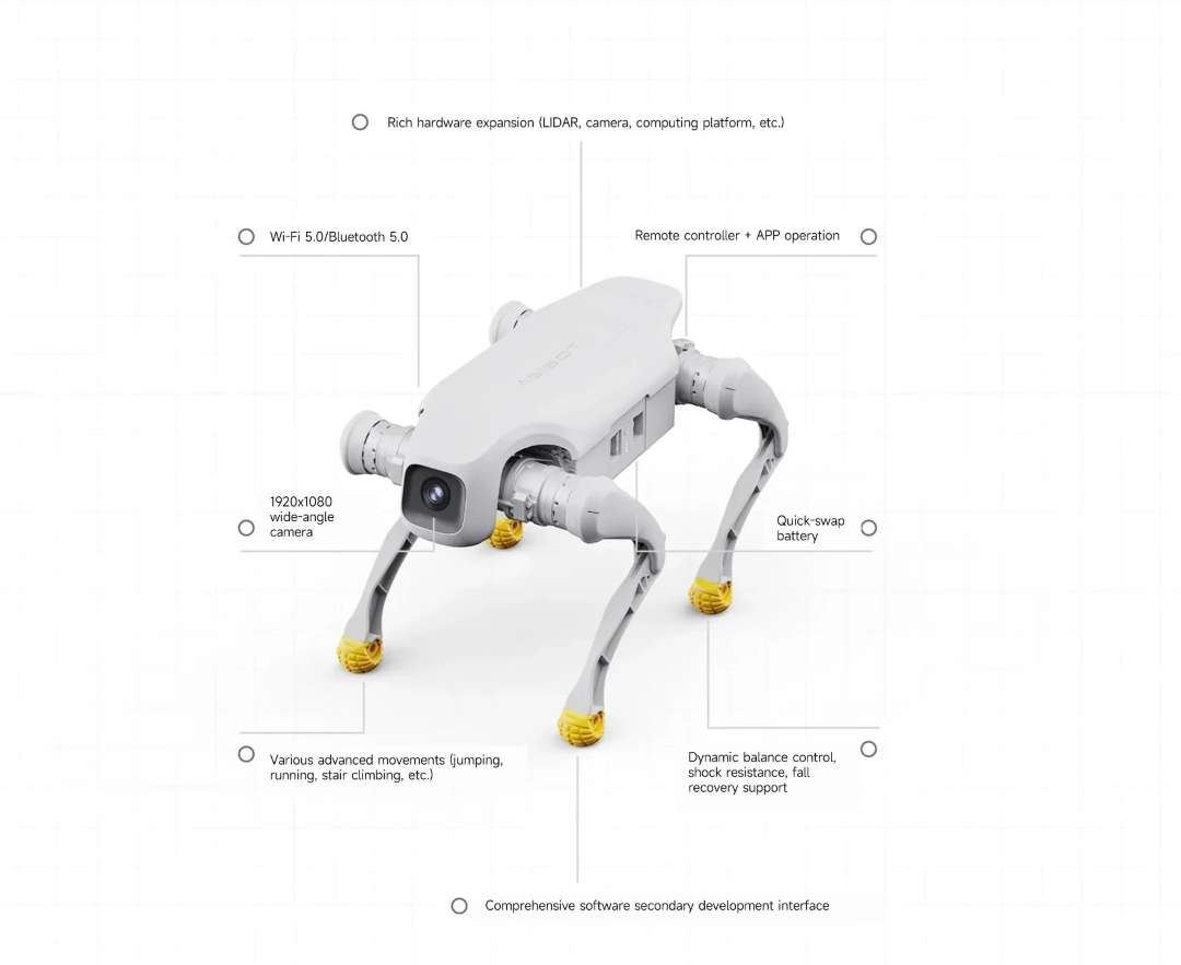 Esquema de un robot cuadrúpedo blanco con pies amarillos y elementos etiquetados, entre ellos la cámara frontal