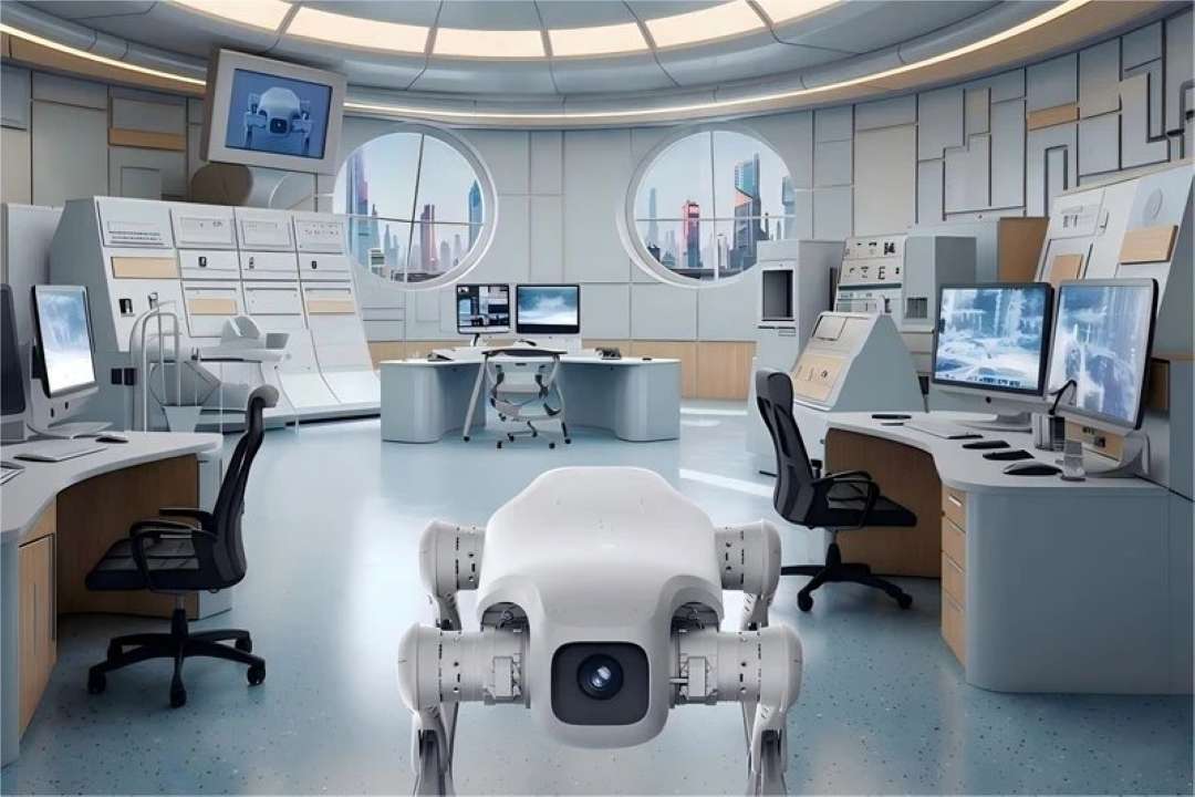 Robot cuadrúpedo blanco con cámara frontal en una futurista sala de control con estaciones de trabajo y ventanas con vistas a la ciudad