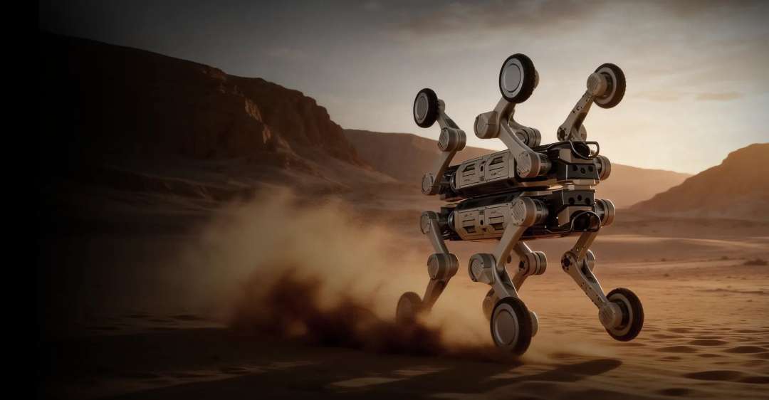 Robot cuadrúpedo con ruedas trabajando en el desierto sobre suelo irregular