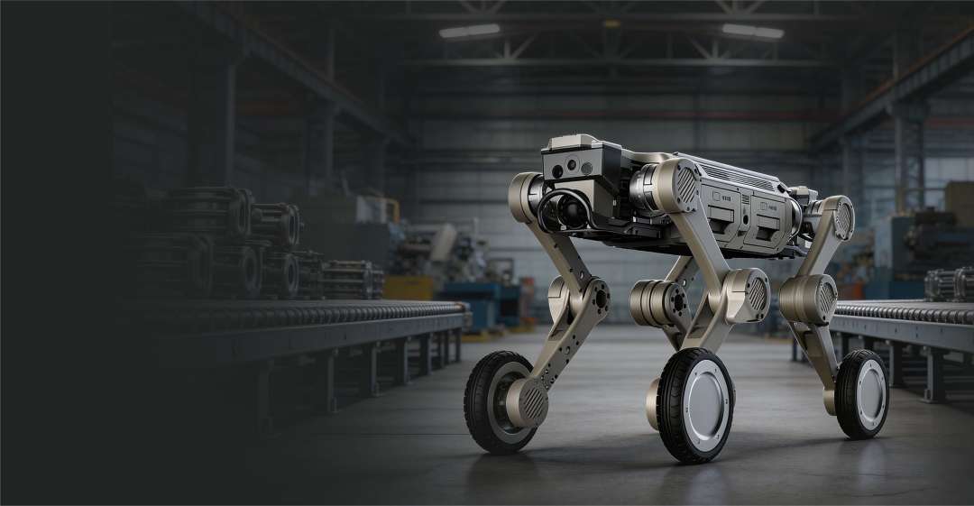 Robot cuadrúpedo con ruedas sobre el suelo de una nave industrial