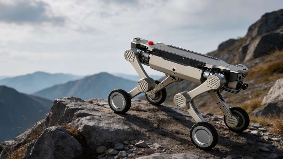 Robot cuadrúpedo con ruedas desplazándose por un terreno abierto y rocoso