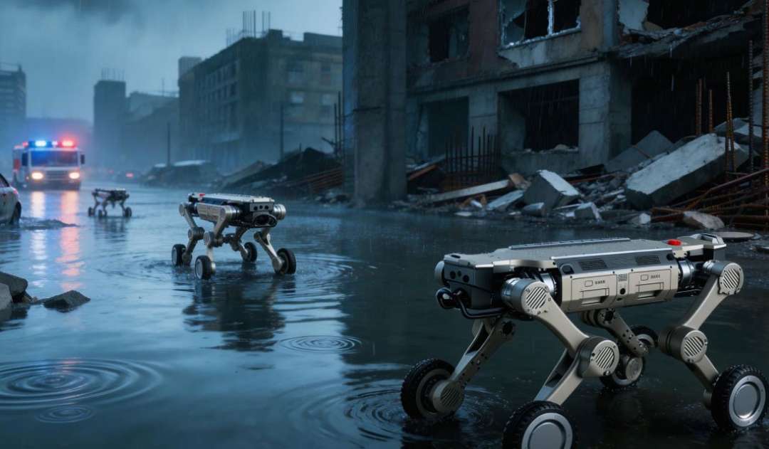 Robot cuadrúpedo con ruedas abriéndose paso entre las ruinas inundadas de una ciudad