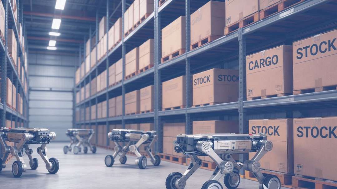 Varios robots cuadrúpedos con ruedas entre estanterías con palés