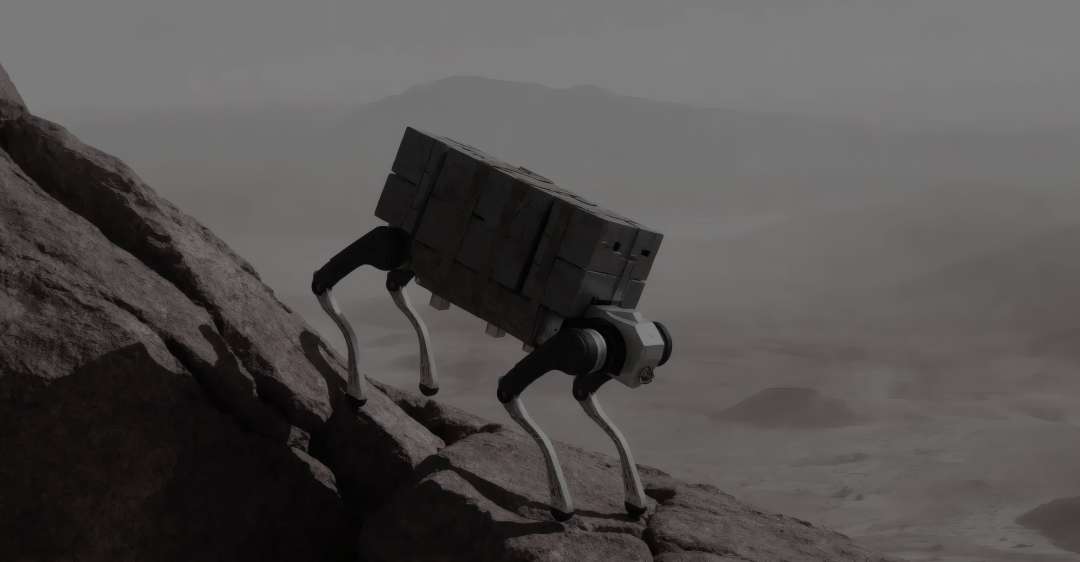 Robot cuadrúpedo subiendo por una pendiente rocosa y empinada con una pila de cajas como carga en un paisaje desértico brumoso