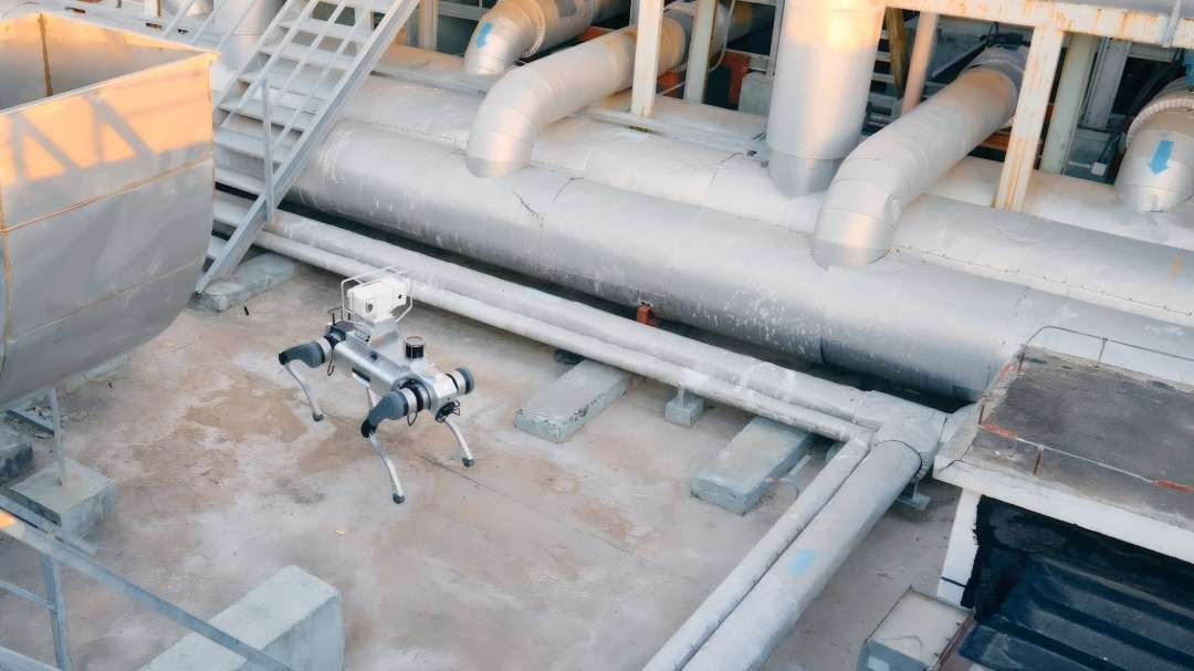 Robot cuadrúpedo con una cámara en la parte superior, de pie sobre una superficie de hormigón junto a tuberías industriales aisladas
