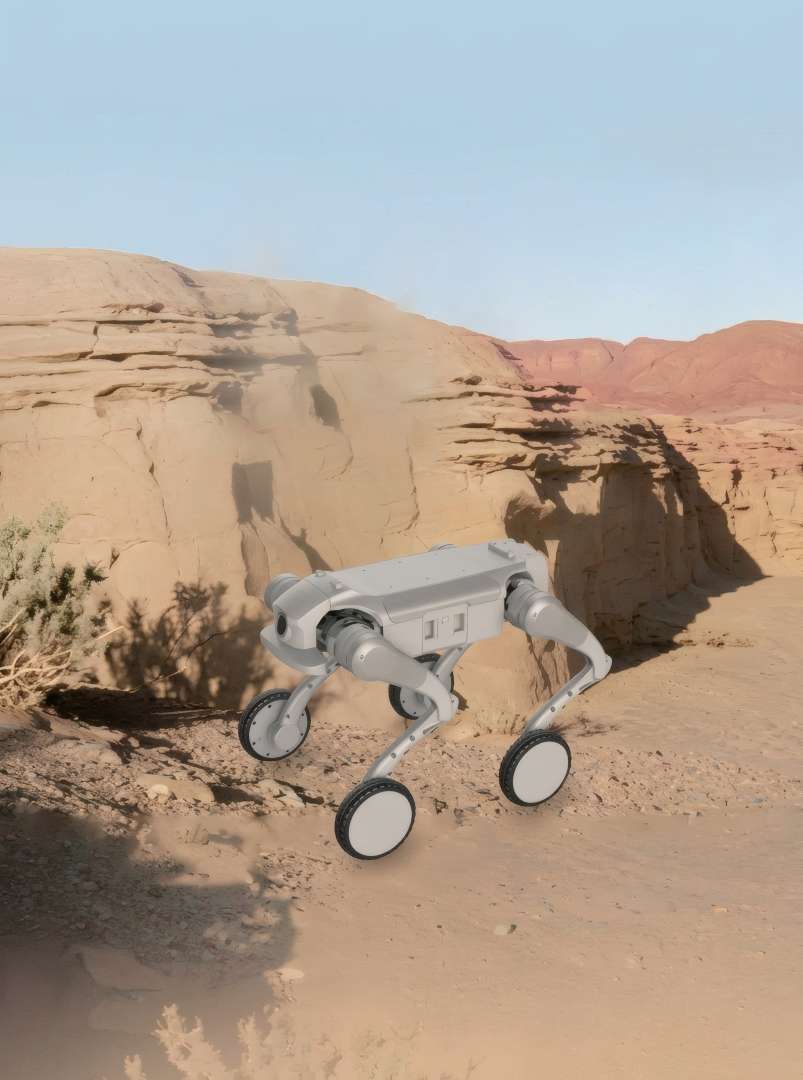 A silver-white four-legged robot with a wheel at the end of each leg stands on rocky ground against a backdrop of sandstone cliffs and a blue sky.