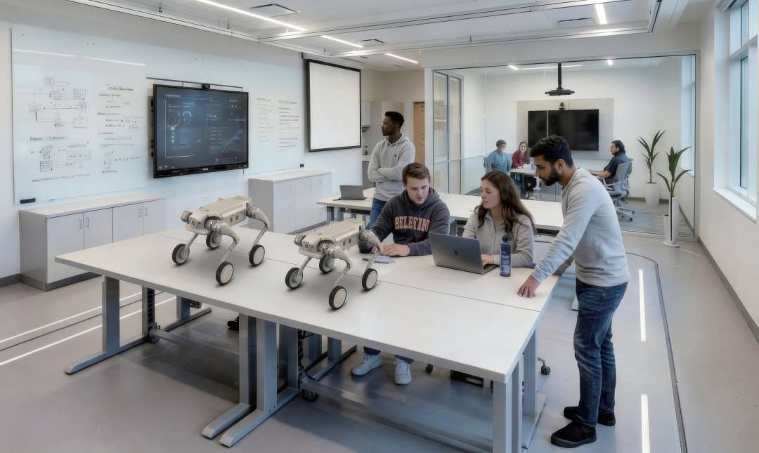 In a bright laboratory, two silver-white robots on wheeled legs stand on a large table; behind the table, a young man and a young woman look at a laptop, while another man stands beside them leaning on the table.