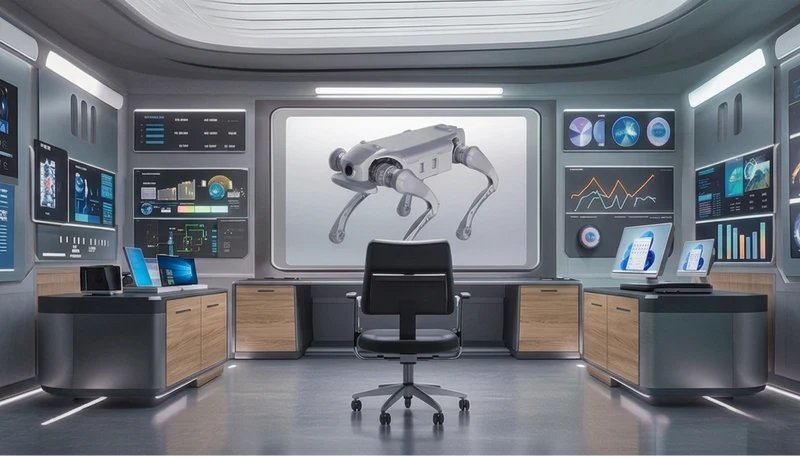 La pantalla principal de una sala de monitorización de alta tecnología con mesas con ordenadores muestra un robot cuadrúpedo.