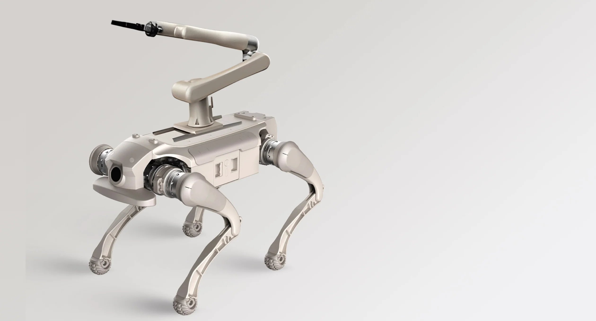 Plataforma robótica cuadrúpeda con extremidades articuladas y un brazo mecánico móvil en el lomo