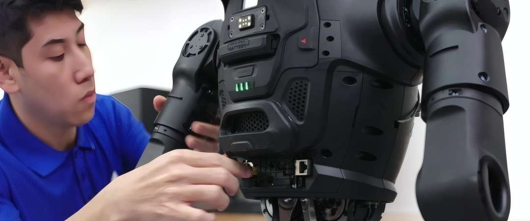 Detalle de puertos de conexión e interfaces de comunicación en el torso del robot humanoide