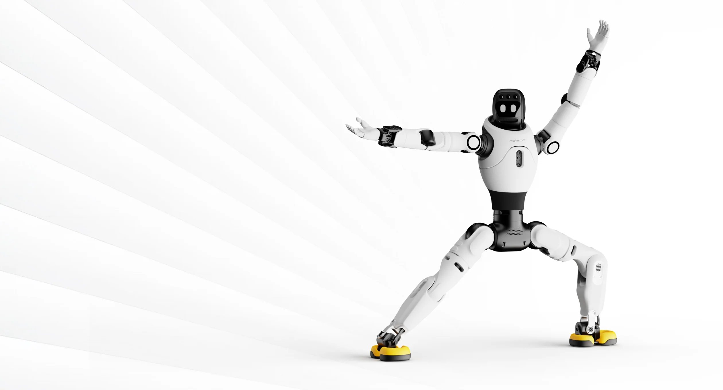 Robot humanoide en blanco y negro con los brazos y las piernas muy abiertos sobre un fondo claro.