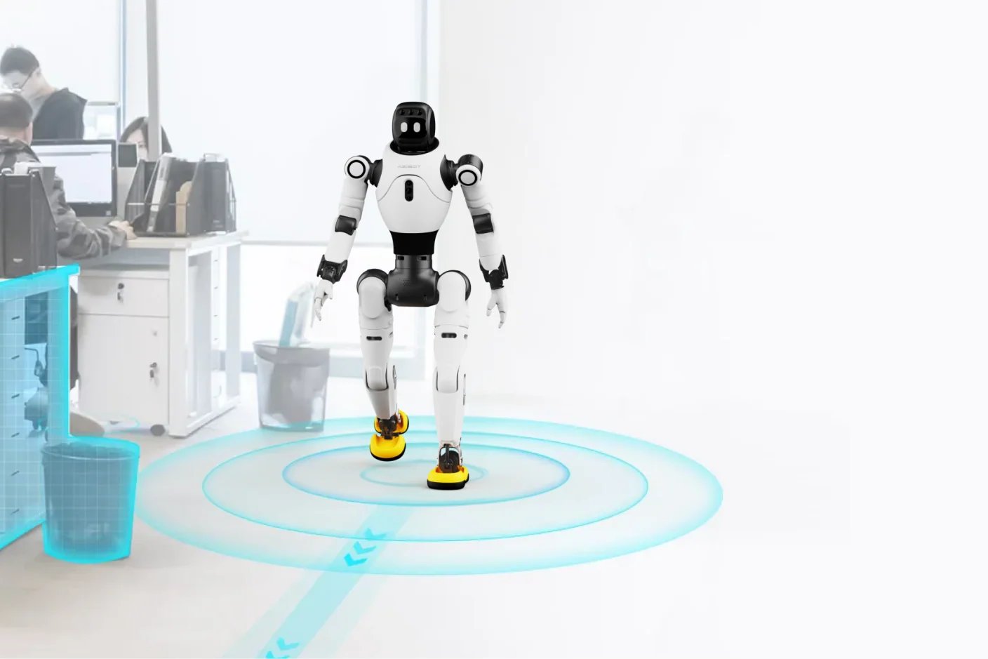 Robot humanoide blanco caminando por una oficina con círculos iluminados de escaneo de sensores y una línea de trayectoria de movimiento