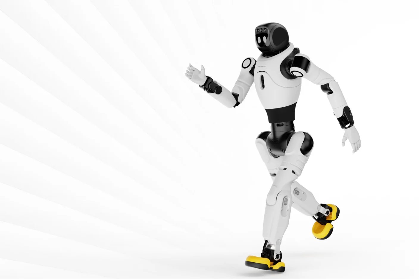 Robot humanoide AgiBot X2 Ultra con cuerpo en blanco y negro y suelas amarillas, captado en pleno movimiento de marcha