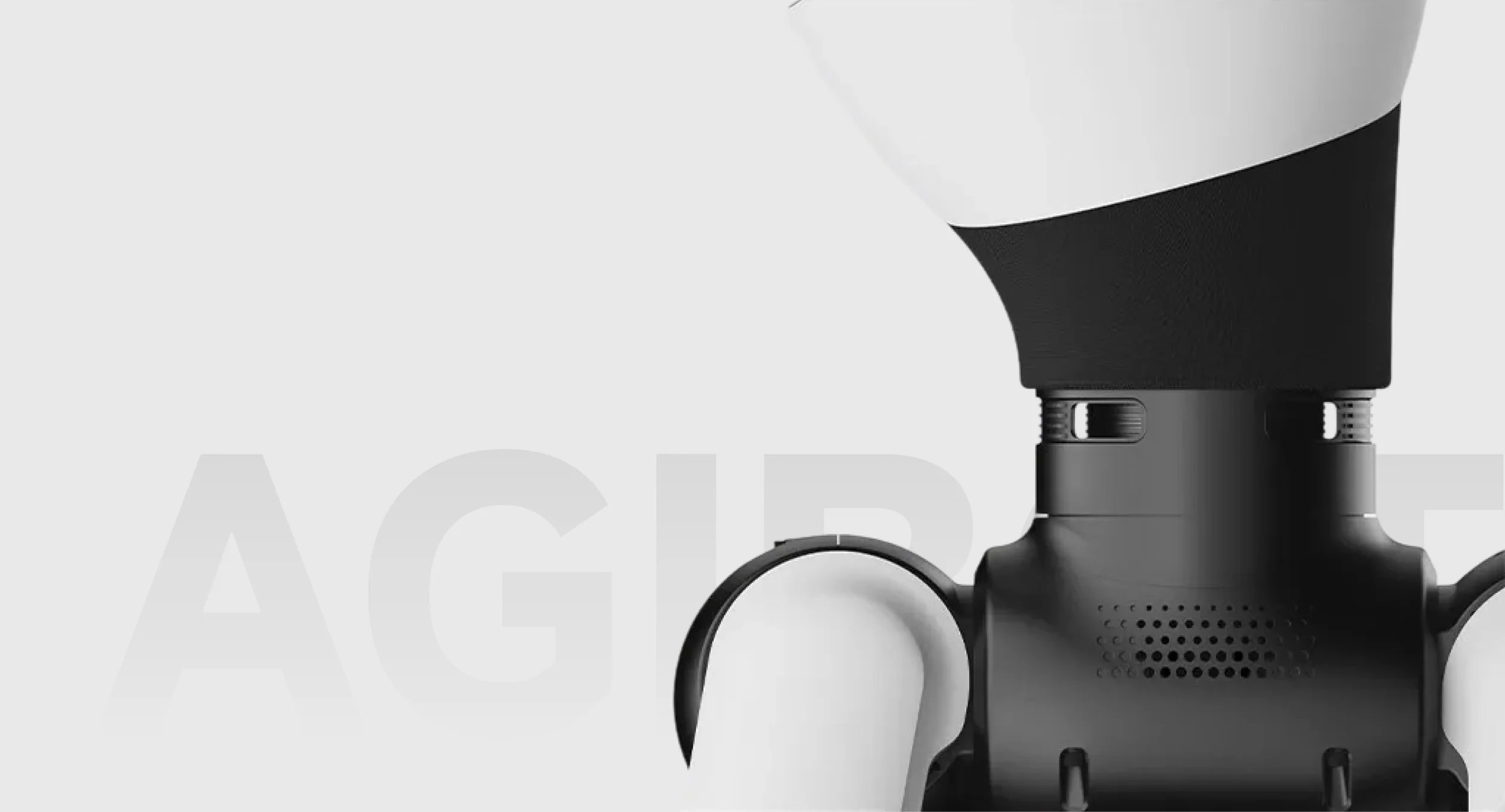 Primer plano del cuerpo en blanco y negro del robot AgiBot X2 Ultra en la zona del cuello y del conjunto del hombro.