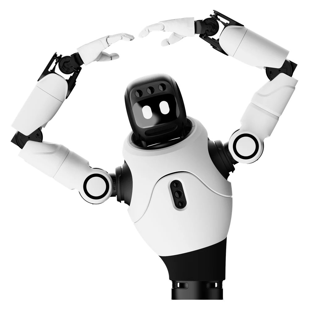 El robot AgiBot X2 Ultra muestra la movilidad de sus brazos blancos articulados con dedos, doblados hacia arriba sobre una cabeza digital.