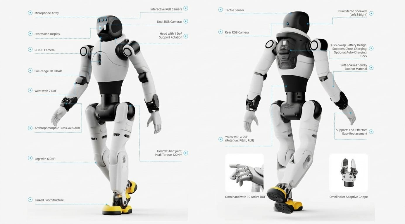 Robot humanoide de cuerpo entero con indicaciones de los sistemas de cámaras, los sensores LiDAR, los actuadores de movimiento y las pinzas intercambiables.
