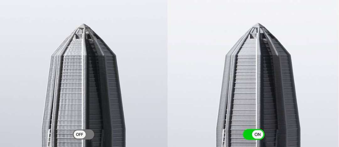 Dos torres grises impresas idénticas, una junto a otra: bajo la izquierda hay un interruptor en posición «apagado» y capas más onduladas; bajo la derecha, «encendido» y una superficie más uniforme.